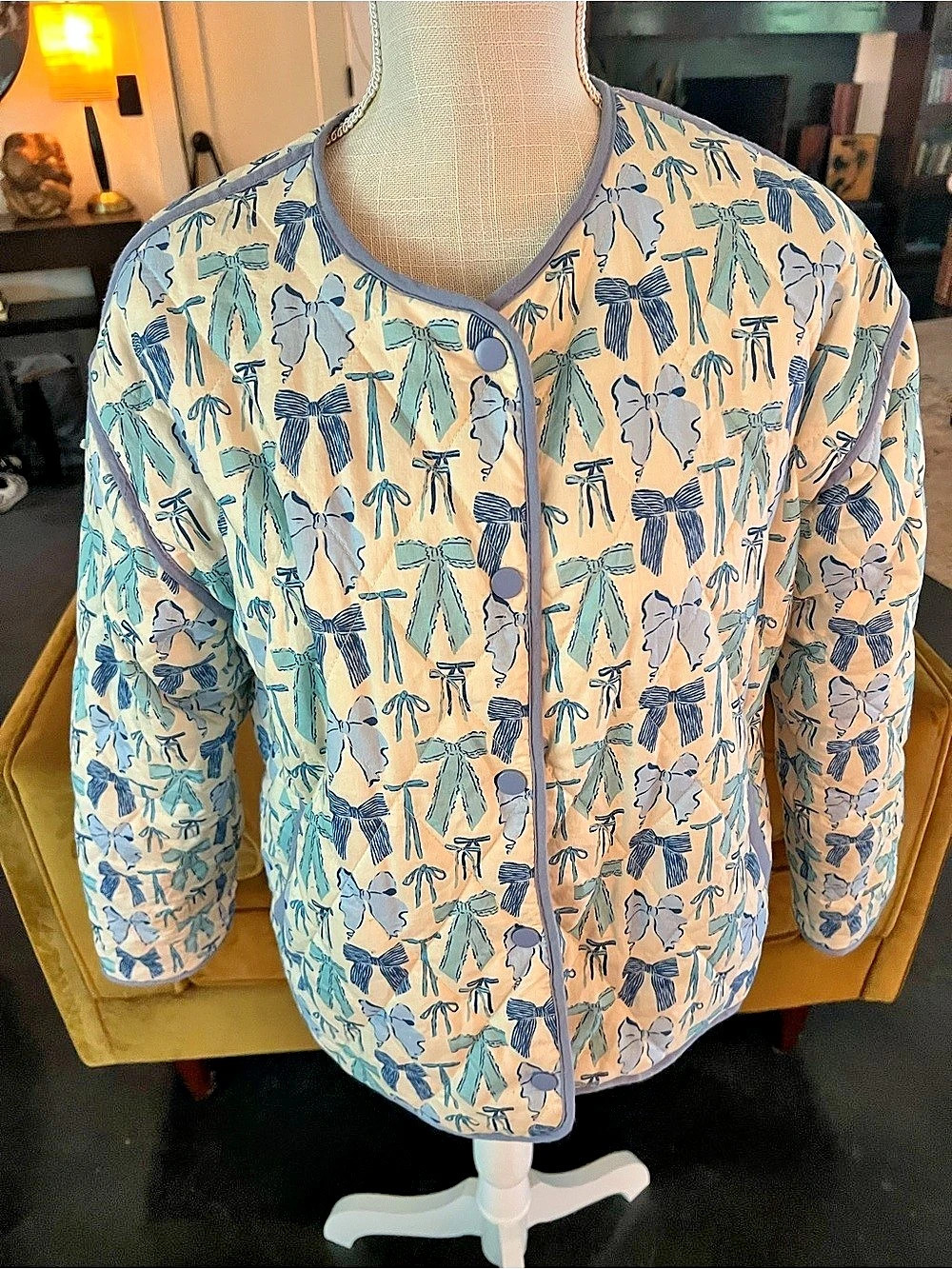 Printed Button-Front Jacket in Blue & Pink Like New